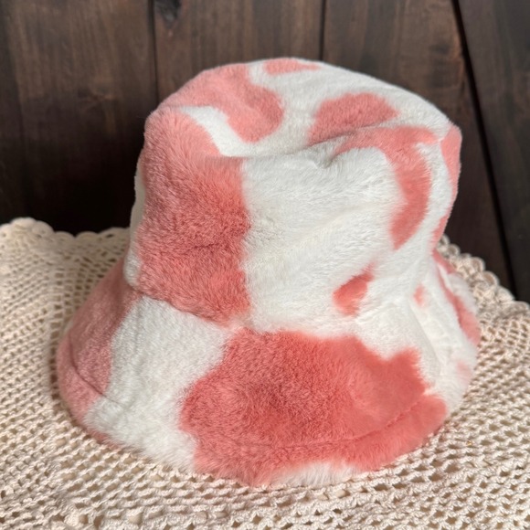 Pink Cow Print Bucket Hat Fuzzy Plush‎ Fluffy Winter Warm Cosplay Cute - Picture 2 of 4